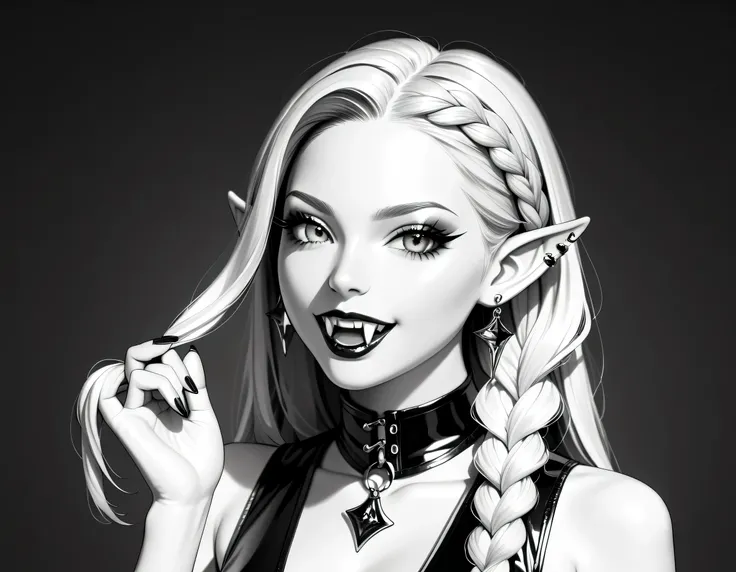 score_9, score_8_up, score_7_up, goth black and white anime portrait, (only colors pink and black) a picture of a goth elf dominatrix queen , best detailed face, small elf ears, long braided hair, hair pulled back, blond hair, small pointed ears wearing la...