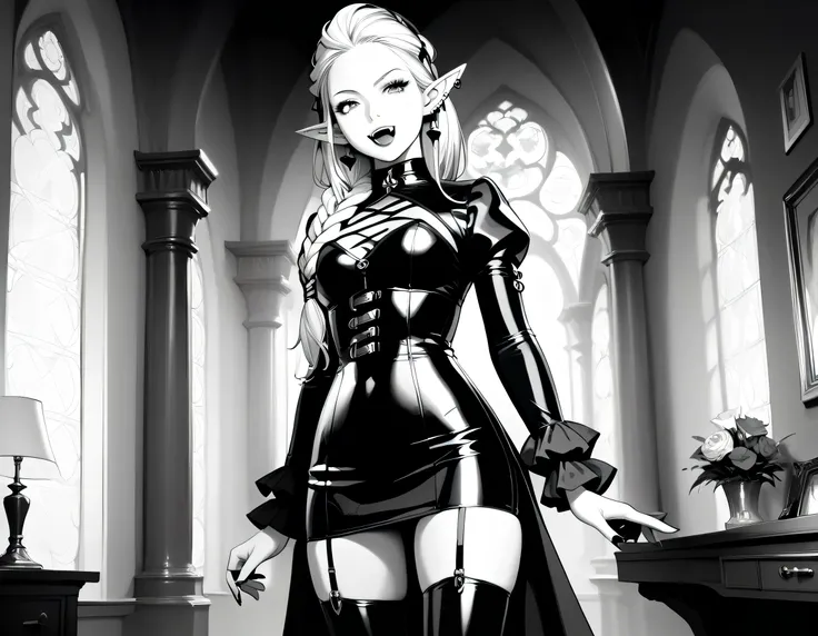 score_9, score_8_up, score_7_up, goth black and white anime portrait, (only colors pink and black) a picture of a goth elf dominatrix queen , best detailed face, small elf ears, long braided hair, hair pulled back, blond hair, small pointed ears wearing la...