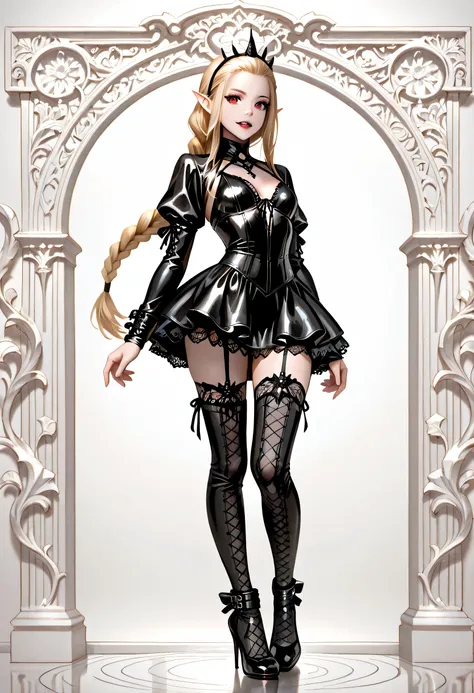  goth black and white anime portrait, a picture of olo goth elf dominatrix queen , best detailed face, small elf ears, long braided hair, hair pulled back, blond hair, red eyes, small pointed ears wearing latex pink mini dress, stockings, high heels, moder...