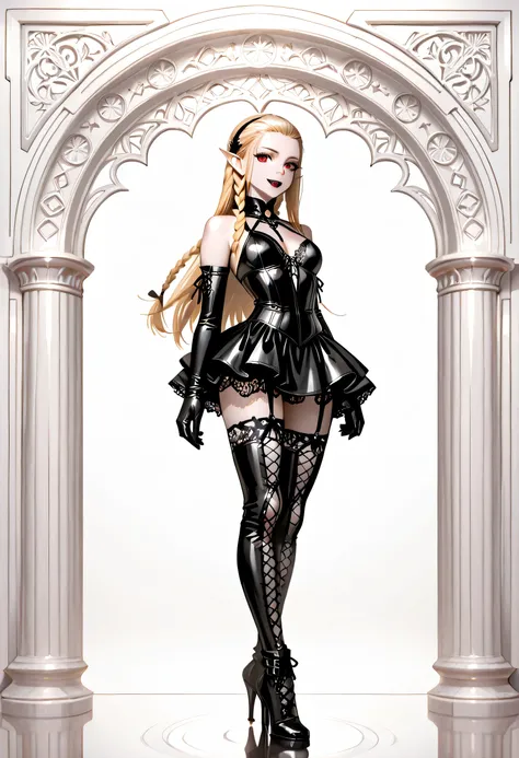  goth black and white anime portrait, a picture of olo goth elf dominatrix queen , best detailed face, small elf ears, long braided hair, hair pulled back, blond hair, red eyes, small pointed ears wearing latex pink mini dress, stockings, high heels, moder...