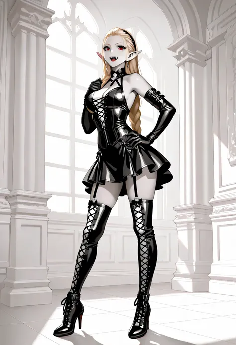  goth black and white anime portrait, a picture of olo goth elf dominatrix queen , best detailed face, small elf ears, long braided hair, hair pulled back, blond hair, red eyes, small pointed ears wearing latex pink mini dress, stockings, high heels, moder...