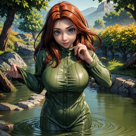 masterpiece, best quality, autumn outfit, colorful hair, outdoor,upper body, colorful autumnal clothes, ((fully clothed)), warm clothes, wet clothes, soaked, drenched, excited, wet hair, wet and slimy, water up to her chest, submerged, translucent, fantasy...