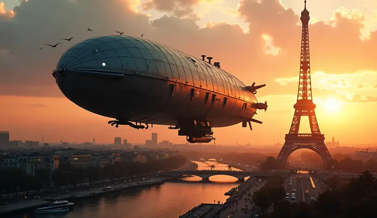 Create a cinematic video, on which a huge steampunk airship flies over Paris, with the Eiffel Tower, looking small against its background. The scene takes place during sunset, when orange and pink clouds are reflected in the Seine. The airship has a futuri...