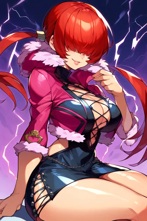 score_9_up, score_8_up, score_7_up, witch solored hair, hair with the short cuffs closed gets caught in my eyes, twin tails, pink jacket, cropped jacket, fur trim, black dress,  jewelry, clothing clippings, big  on the floor,  wide waist, Thighs, Venus's b...