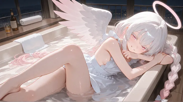 girl, Light pink eyes, White hair, Very long low double twist braid with white and pink double dyed, gradient hair,Very long low double twist braid,Light pink eyes, white eyelash ,wears a sexy white lace suspender dress, sexy pose,There are little angel ...