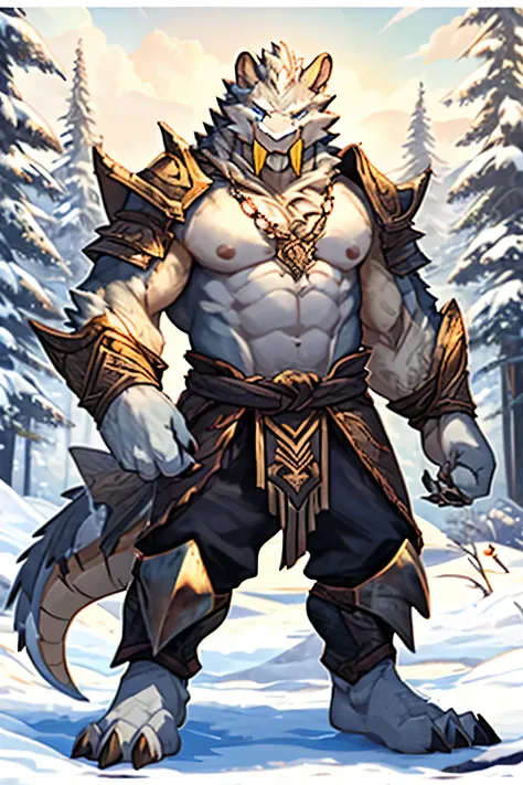 Anthropomorphic fusion of a White dragonborn, and a white sabretooth. Male, strong build, leather armor, snow peaks, full body, facing viewer, clawed hands, yellow fangs, white scales, white fur, Scaled chest fur
