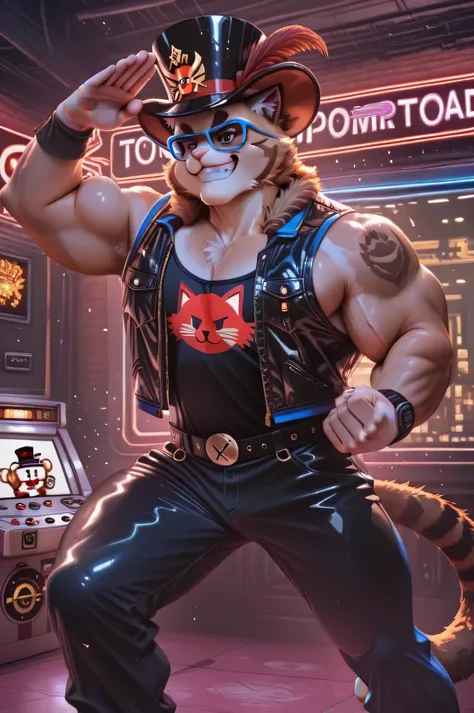 "A cartoonish, muscular anthropomorphic toad character inspired by the Battletoads video game series, wearing a black leather vest and blue-rimmed glasses, saluting with a confident grin. The toad has a large fuzzy black hat with a golden-red emblem replac...