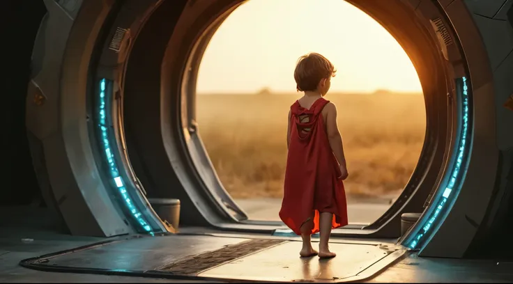 A cinematic scene of a young boy with light skin and short black hair, stepping out of a futuristic spaceship. The is wearing only a red cloth wrapped securely around his waist, leaving his upper body completely exposed. The spacecraft's interior is slee...