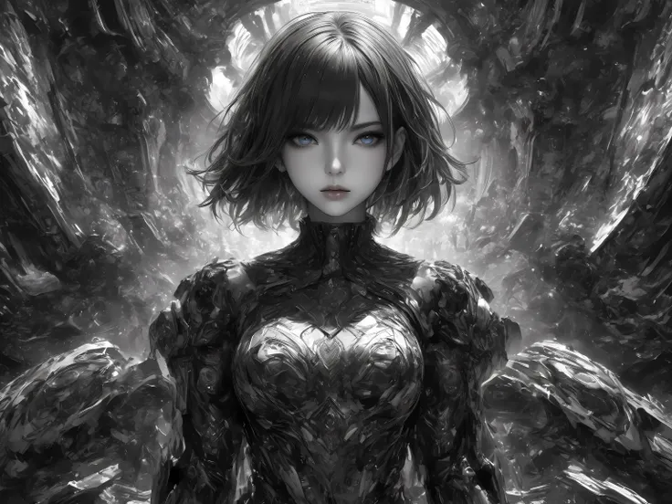 solo,cool persuit style woman\(very complex armor,2 tone color,cool complexity huge weapon,sharp dark blue eyes,short hair,black hair, arms, standing, Dignified posture,look viewer\),background is monochrome Geometric patterns,(ultra-Details,intricate art...