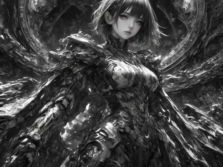 solo,cool persuit style woman\(very complex armor,2 tone color,cool complexity huge weapon,sharp dark blue eyes,short hair,black hair, arms, standing, Dignified posture,look viewer\),background is monochrome Geometric patterns,(ultra-Details,intricate art...