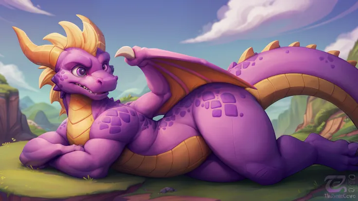 Macro, Spyro the dragon,(((detailed eyes, detailed face))), soft Belly, thick Tail bottom, vore, Wide hips, close up con Tail bottom, spyro world background, green grass, flying islands, blue sky, purple pupils, young, feral, skinny, yellow horns, Uploaded...