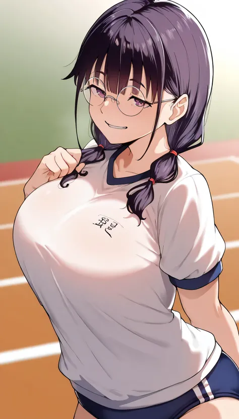 masterpiece,Highest品質,Good Quality,newest,
夜of寝室,
parted lips,
front,smile,
solo,
aTome coloring,
Miyoshi\(nerd_Tomodachi_To_no_sex_of_Highest_To_kimochi_ii\),1人of女of子,紫黒of髪,twin tails on the back,紫と黒of目,round eyewear,
big breasts,
school gym buruma,front