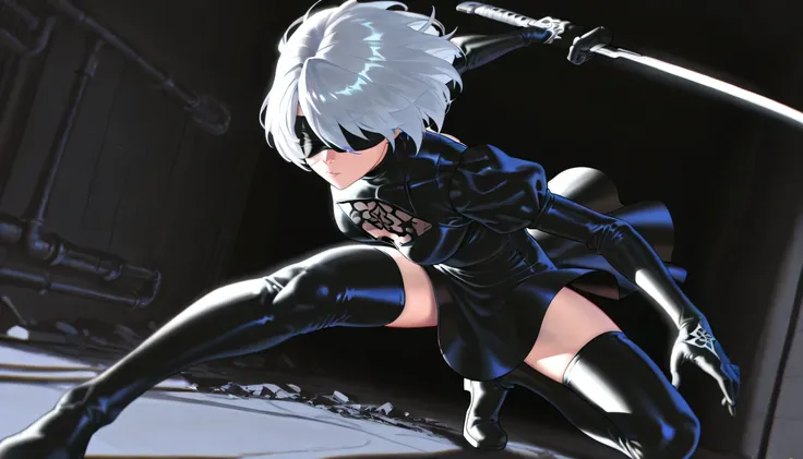 (4k,8k,highres,obra-prima:1.2),Ultra detailed, intricate detail, high costura, dramatic lighting, cores frias, chiaroscuro, dynamic angle suit, focus on the face , dynamic pose, Katana Futuristica, 2b,  silver hair, super detailed hair, blindfolded, vestid...