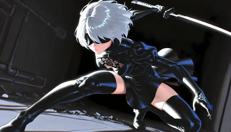 (4k,8k,highres,obra-prima:1.2),Ultra detailed, intricate detail, high costura, dramatic lighting, cores frias, chiaroscuro, dynamic angle suit, focus on the face , dynamic pose, Katana Futuristica, 2b,  silver hair, super detailed hair, blindfolded, vestid...