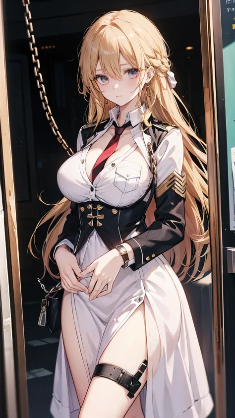 aiguillette, , blonde hair, ,necktie, shirt, white skirt, bondage, bound, bound wrists, breast pocket, caution tape, chain, chained, cleavage, cuffs, earrings, eyebrows visible through hair, fingernails, gloves, handcuffs, large breasts, lock, long finger...