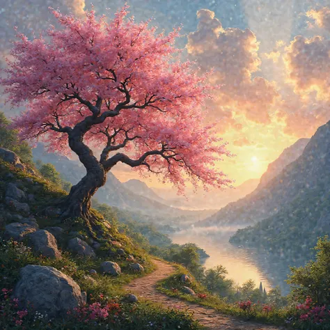 An enchanted cherry blossom tree that when the leaf fall they turn into flowers, the tree is surrounded by colourful flowers and the enchanted forest below on a mountain with a view of an enchanted village. With a sunset and lake, with lush greenery in th...