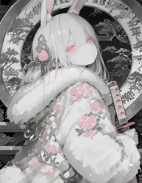 1girl, female goddess,Colored eyelashes, pink eyes, side view,Holding a katana, dynamic pose, Zodiac art background,(intricate detailed background),upper body, looking at viewer, long hair,hair between eyes, tsurime, bunny Ears,single Hair,hair fulled back...