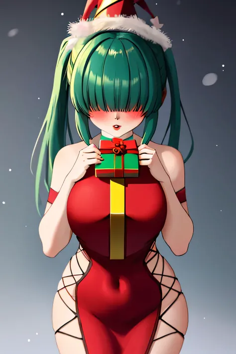 1 sexy anime girl, buxom, large breasts, long (green1.2) hair with bangs covering her eyes, twin ponytails, she is wearing a fancy birthday party dress, funny party hat, face blush, makeup, red lips, ((giving a gift wrapped present)), dynamic posing
