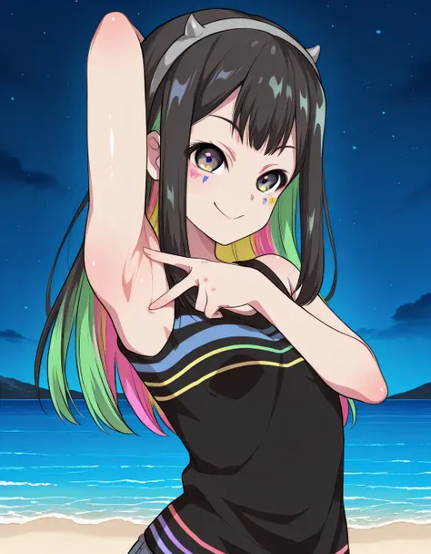 Nanairo Multi,multicolored hair,black shirt, striped shirt, hairband, sleeveless, facial mark, shiny skin, high quality, solo, upper body, (contrapposto), v, spread armpit, presenting armpit, hand behind head, closed mouth, night sky, beach, looking at vie...