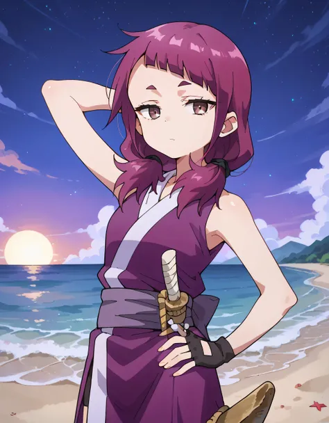 shakuyaku, sleeveless, japanese clothes, thighlighs, fingerless gloves, anime screenshot, shiny skin, high quality, solo, three-quarter cowboy shot, (contrapposto), hand behind head, hand on hip, closed mouth, night sky, beach, looking at viewer, expressio...
