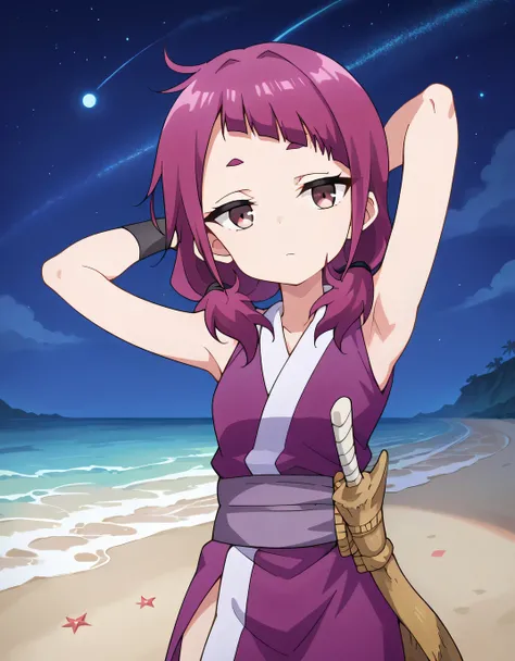 shakuyaku, sleeveless, japanese clothes, hightighs, fingerless gloves, anime screenshot, shiny skin, high quality, solo, three-quarter cowboy shot, (contrapposto), hands behind head, closed mouth, night sky, beach, looking at viewer, expressionless, best q...