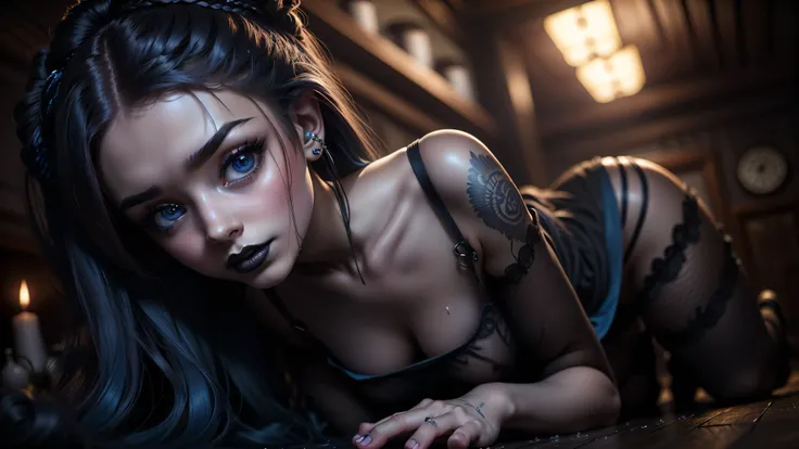 POV, ((looking down at one goth girl looking up at me)), ((kneeling in-between my legs as I sit on a bed)), ((looking up into your eyes)), ((pierced lip)), ((wet lips)), prostitute, nude except for an see-through baby-doll lingerie, ((dark makeup, black l...