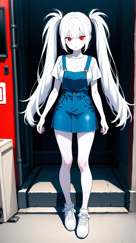 1 girl, medium breast, white hair, long twin tails, pale skin, red eyes, denim dress, short sleeve, white sneakers, white shirt