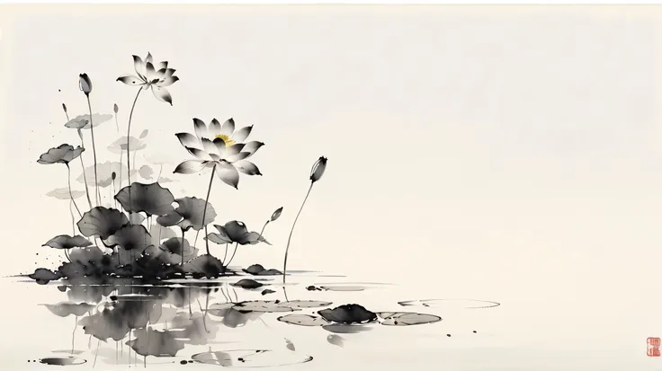 中国黑白Ink Painting,lotus, Water reflection, monochrome, Ink Painting, Artistic brushstrokes, Nature theme, Flower Arrangement, peaceful, grace, simple design, White space,