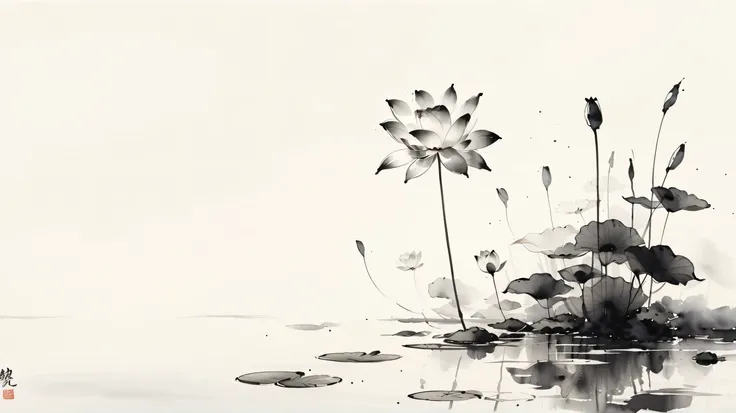 中国黑白Ink Painting,lotus, Water reflection, monochrome, Ink Painting, Artistic brushstrokes, Nature theme, Flower Arrangement, peaceful, grace, simple design, White space,