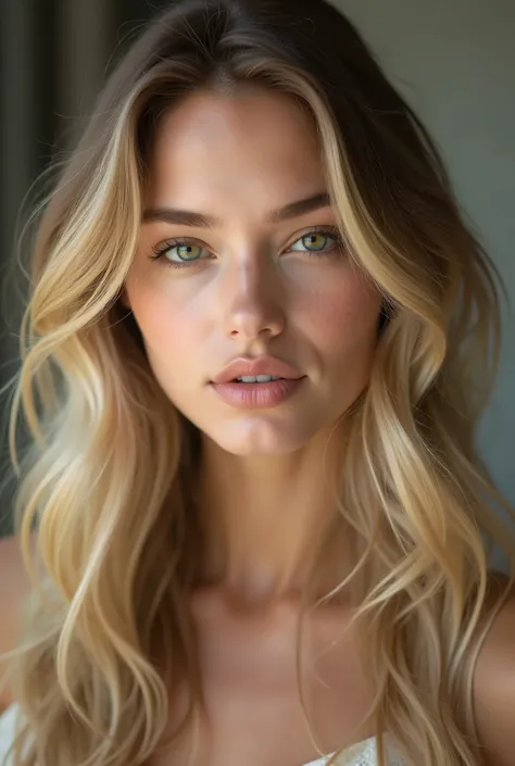 Portrait of a very attractive girl with natural beauty, olhar, on your cheekbones and expressive facial features. She's a blonde with long hair, with slightly wavy wheat-colored hair, that beautifully envelop your face. The girl's face is thin and well def...