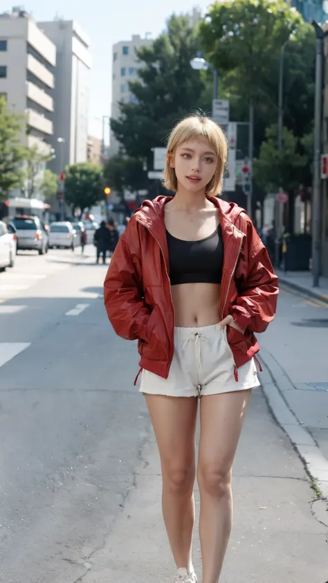 (Masterpiece), best quality, expressive eyes, perfect face, kneehighs, smiles warm, thin, slim collarbone, breasts, pouch, cleavage, waist bag, dancer, legs, navel, gyaru, barbarian, larger jacket, yandere, highres, collar, hands in pockets, biker shorts, ...