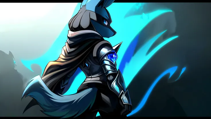 (((Lucario))), male, (((solo))), wolf, chest spike, male, ((blue eyes)), (((black adventurer gear))), ((silver chest armor)), (((long black cloak)), ((black pants)), (black gloves), serious look, back turned, looking back, standing, blue aura, epic blue au...