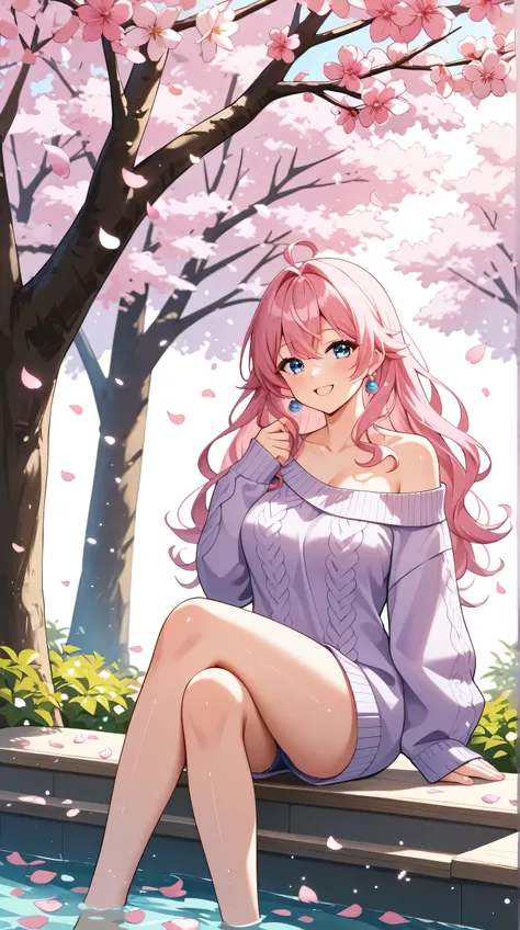 Masterpiece, Best Quality, Top Quality, Very Detailed, 1 girl, Anime-style fantasy illustration of a beautiful young empress with long flowing pink hair and bright blue eyes, wearing a cozy off-shoulder knitted sweater in soft purple. She is sitting peacef...