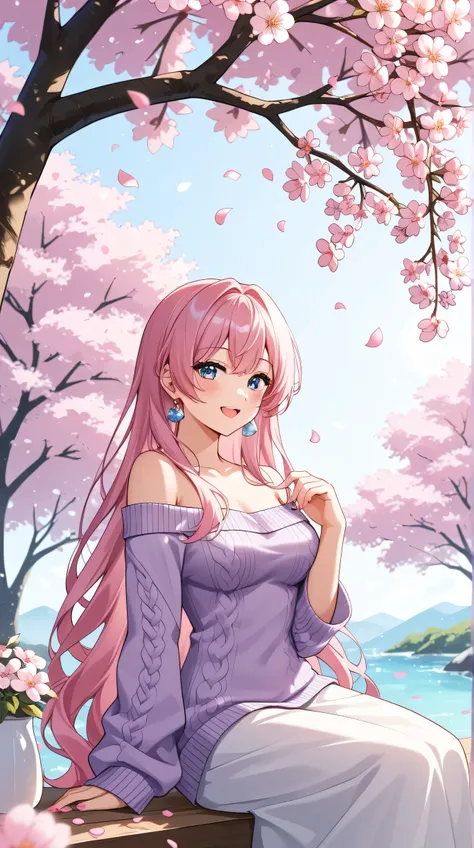 Masterpiece, Best Quality, Top Quality, Very Detailed, 1 girl, Anime-style fantasy illustration of a beautiful young empress with long flowing pink hair and bright blue eyes, wearing a cozy off-shoulder knitted sweater in soft purple. She is sitting peacef...