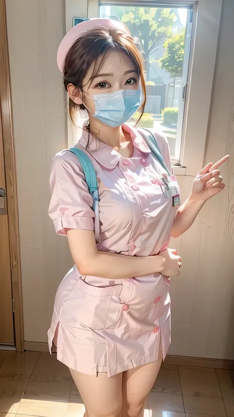 nurse wearing mask、 pink nursing uniform 、miniskirtの看護服、It fits within the angle of view、Full body cut、in their early 20s、best quality,4k,hdr,ultra-detailed,realistic,Photorealistic,studio lighting,physically-based rendering,vivid colors,kawaii, pink nursi...
