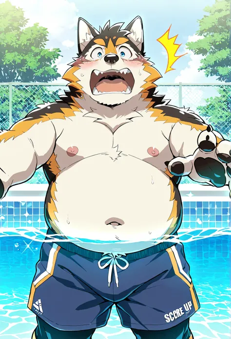 Score_9, Score_8_up, Score_7_up,  masterpiece, highest quality, high res, anime style, Moritaka,  1 boy ,  male focus， Very nice, masterpiece,best quality, tax benefit ratio ,newest,high res,어처구니없는,Detailed Background，Chubby ， male，dog，Swimming trunks ，leg...