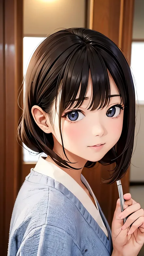 傑作 , 最高品質 , 超高解像度 .
若くて胸が大きく、気品のある素敵な女将。おそらく東アジア人で、長い黒髪を後ろで結い、白い花を飾っている。小川のほとりの岩の上に両足を揃えて、背中はきっちり伸ばした姿勢で座っている。彼女は中央よりやや左に位置し、体は画像の左に傾いている。彼女は上質な織物でできたオフホワイトのゆったりとした着物を着ており、黒い帯を細い赤い紐で結んでいる。脚はきちんと閉じられ、端正な座り方で、着物の長い裾できちんと巻かれ、皮膚は見えない。着物は片袖に手を通して着ておらず、出した状態で着て帯...