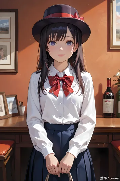 Anime image of a man wearing a wine drinking hat and bow tie,  very_ details!!, happy!!!, , hyper details!!, realistic!!, (software) Watch Safe Workplace ,  details!!, 8k!!, hq very  details, realistic schoolgirl, a hyperrealistic schoolgirl, hyperrealisti...