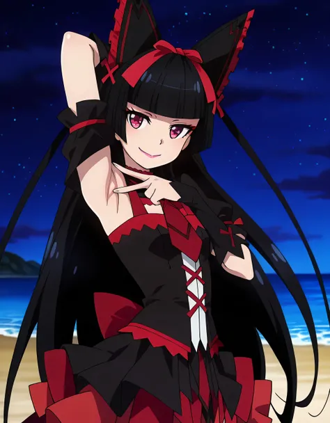 Rory Mercury, anime screencap, masterpiece, best quality,
1girl, solo, closed mouth, smile,
hime cut, long hair, blunt bangs, black hair, multicolored eyes, lips,
hair bow, black arm warmers,
shiny skin, high quality, solo, upper body, (contrapposto), v, ...