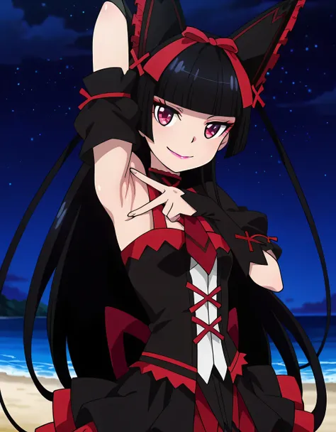 Rory Mercury, anime screencap, masterpiece, best quality,
1girl, solo, closed mouth, smile,
hime cut, long hair, blunt bangs, black hair, multicolored eyes, lips,
hair bow, black arm warmers,
shiny skin, high quality, solo, upper body, (contrapposto), v, ...