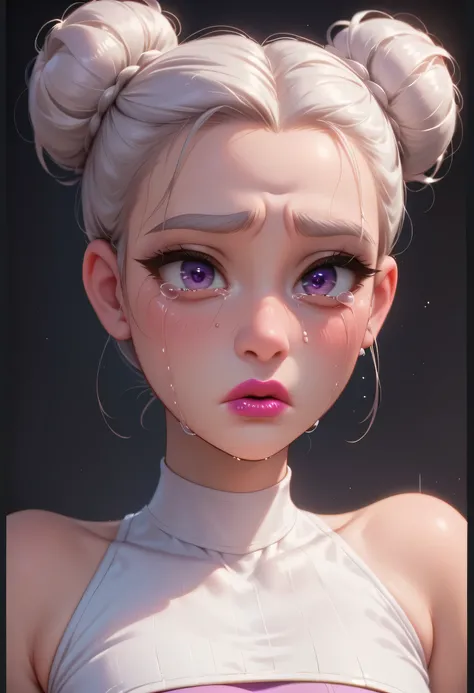 (1girl), (perfect face), ((white bun knot top hair)), (forehead), ((white natural eyebrows)), (((purple eyes, crying eyes))), (((black eyeliners))), (pink blush), ((nose, thick lipstick)), (beautiful girl), (crop top), ((sad face))