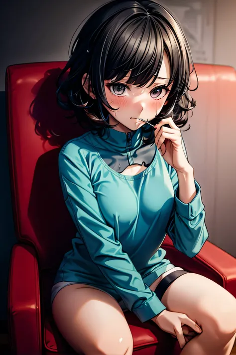 Anime girl, short black hair, white shorts, blue long sleeved top, slender, (((legs opened))), sofa, low light, blushing, holding legs, sexy, sweating, biting lips