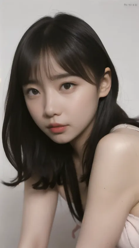 black hair、shoulder-length hair、naked、 pubic hair、かなり大量の pubic hairが見えます、small  facing the front、B cup size  side by side with naked men、saggy 、pink nipples、 grey background、face 、full body、Pictures up to about below the knee、nakedで、I have a lot of pubic h...