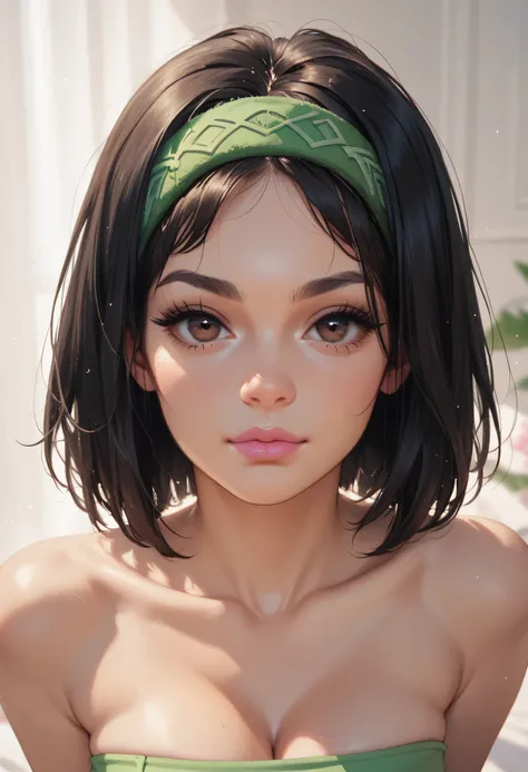 perfect face, black hair, short hair, (green headband, forehead), black thin eyebrows, dark brown eyes, black eyelashes, nose, pink lips, collarbone, cleavage, (green tube top), medium breasts, looking at viewer