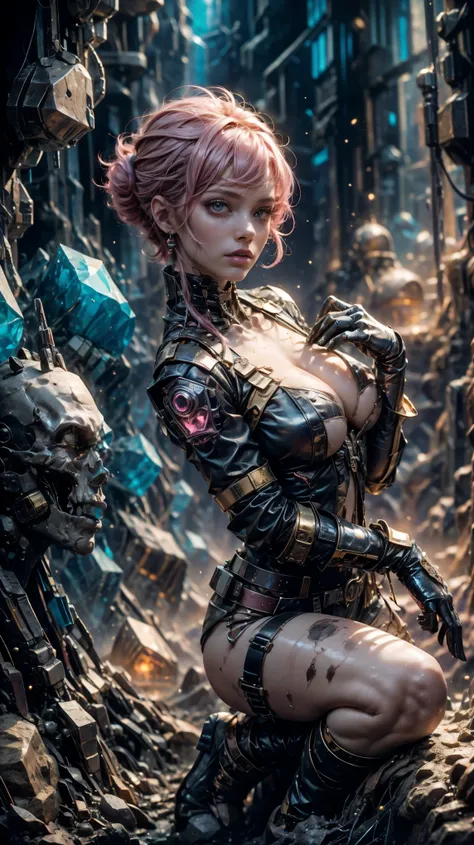 from high, high angle, forced perspective, raw, beautiful lady, pale skin, crystalpunk geologist, with pink and short hair, messy hair, big cristaline eyes, bright eyes, made up, she Use a round visors on the top of her head, is wearing a ripped and dirty ...