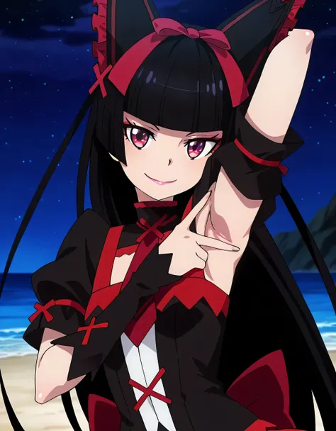 Rory Mercury, anime screencap, masterpiece, best quality,
1girl, solo, closed mouth, smile,
hime cut, long hair, blunt bangs, black hair, multicolored eyes, lips,
hair bow, black arm warmers,
shiny skin, high quality, solo, upper body, (contrapposto), v, ...