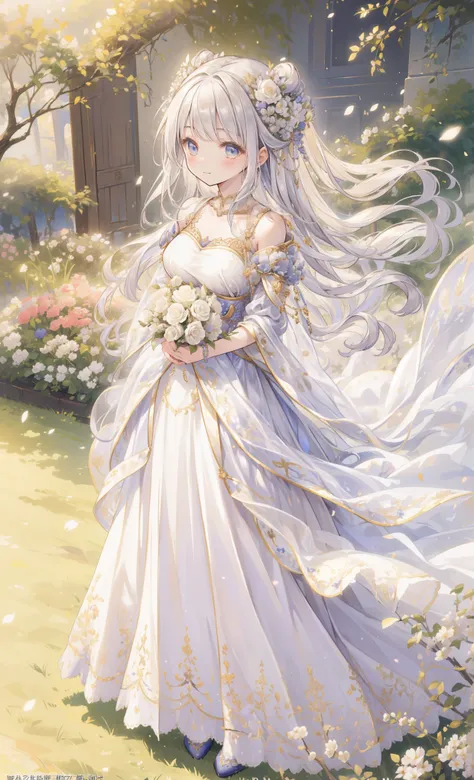 (   masterpiece、Top Quality、illustration、   very high quality   、HD、   Extremely sensitive writing   ) A girl with long silver hair stands in a beautiful garden、smiled slightly、   She has a big bouquet   、 Lovely national costume style dress ， A shawl on h...