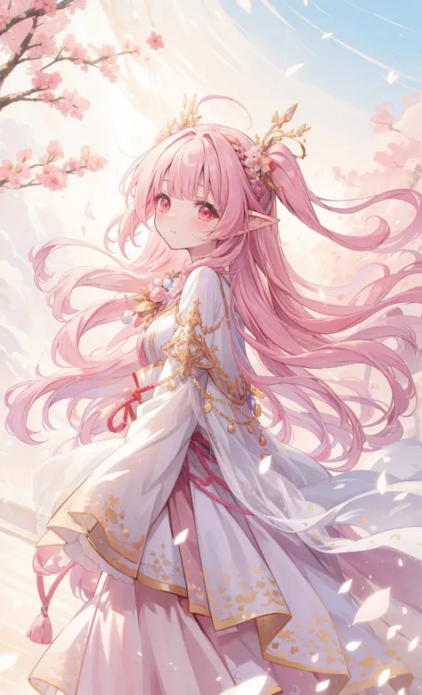 (   masterpiece、Top Quality、illustration、   very high quality   、HD、   Extremely sensitive writing   )ahoge,very long hair,pink hair,two side up,gradient hair,multicolored hair,floating hair,hair ribbon,black ribbon,hair ornament,two side up,pointy ears,ba...