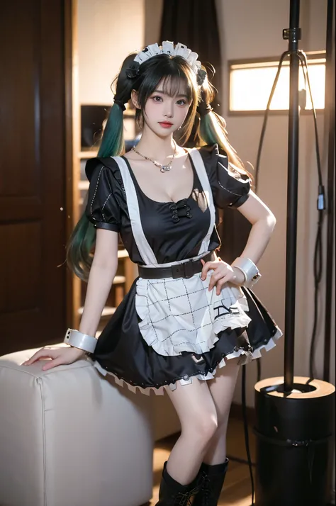 corin cosplay costume,corin,cosplay,long hair,green hair,twintails,hair ornament,maid,dress,frilled dress,frills,apron,maid apron,maid headdress,puffy short sleeves,belt,chain,wrist cuffs,cuffs,handcuffs,ribbon,boots,knee boots
(photorealistic:1.3), master...