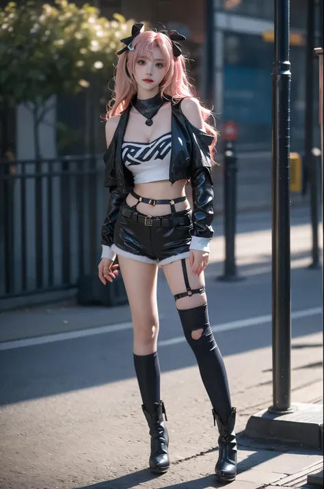 nicole cosplay costume,cosplay,long hair,pink hair,cropped jacket,print crop top,shorts,long sleeves,shoulder cutout,belt,thigh strap,ribbon,hair ribbon,hairclip,hair ornament,two side up,asymmetrical legwear,single sock,single thighhigh,torn legwear,boots...